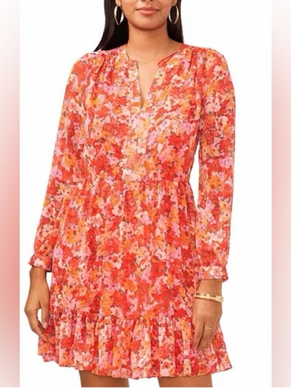 Vince Camuto Floral Tiered Long-Sleeve Mini Dress in Coral Pink